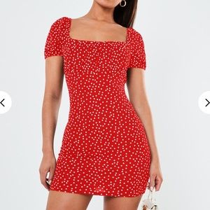 Red and white polka-dot body con dress ‼️
